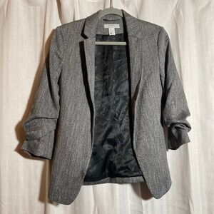 HM Womens Grey Herringbone Ruched 3/4 Sleeve Open Front Blazer Jacket Size 2